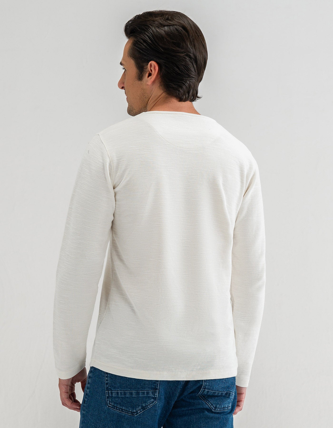 Off White Long Sleeve Textured Crew Neck T-Shirt