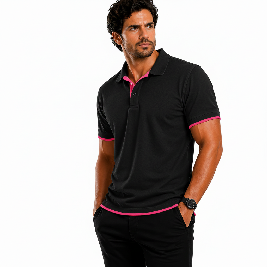 Man wearing a black polo shirt with pink accents, promotional text about men's premium polo shirt features.