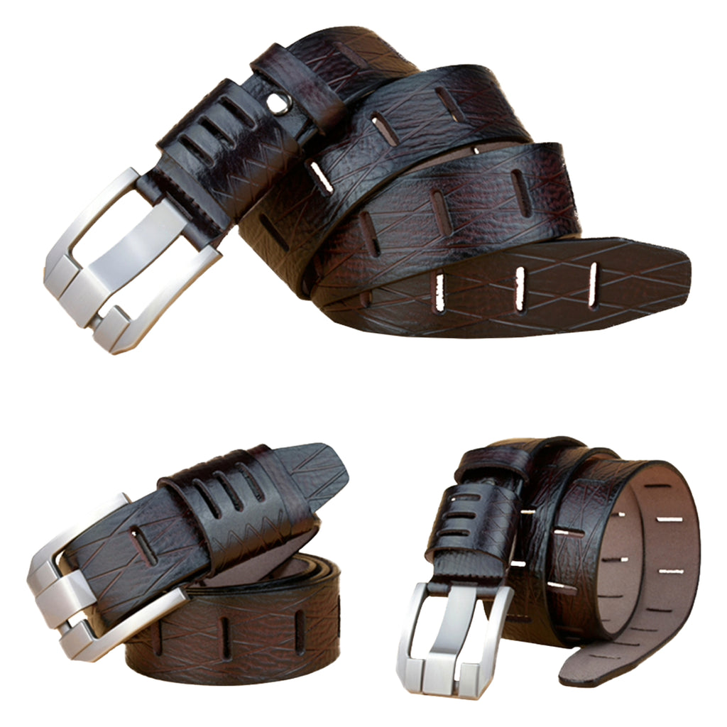 QHA Mens 38mm Real Cowhide Leather Belt, Modern Skeletal Pin Buckle Q62