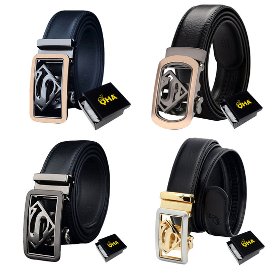 QHA Mens Ratchet Leather Belt Superhero Automatic Buckle 35mm Wide in Gift Box BX07