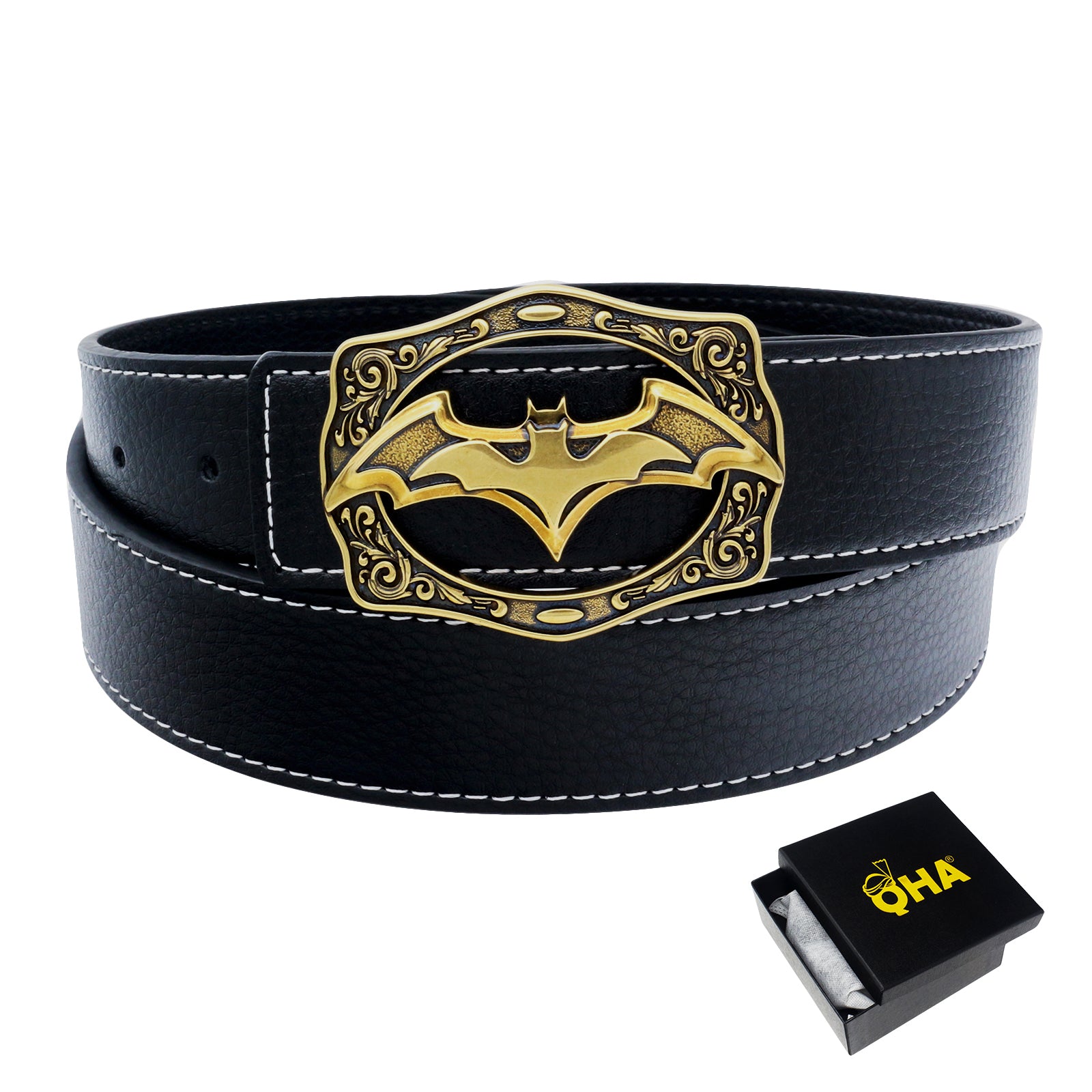QHA Mens Leather Belt Designer Bat Buckle 38mm Wide Gift Q49