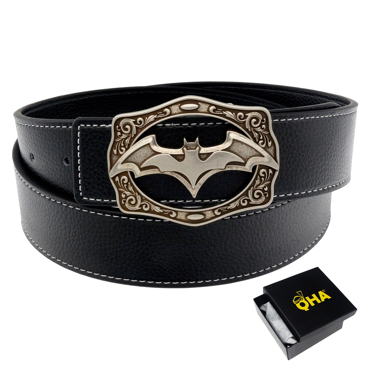 QHA Mens Leather Belt Designer Bat Buckle 38mm Wide Gift Q49