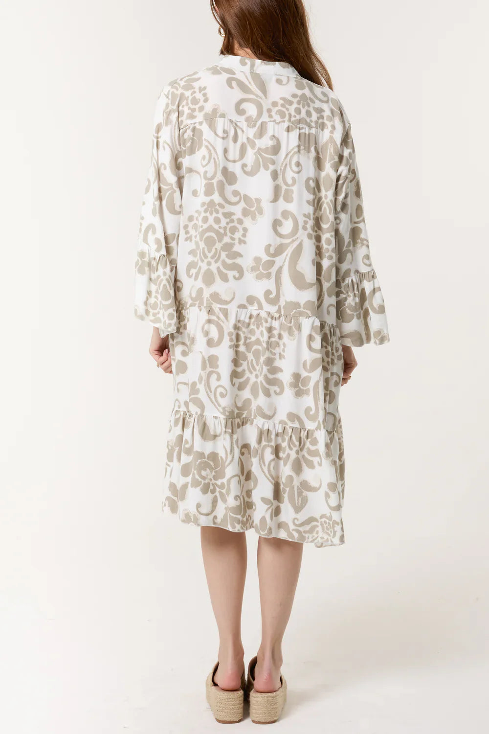 Beige Damask Floral Tiered Midi Dress – One Size Fits UK 8–16