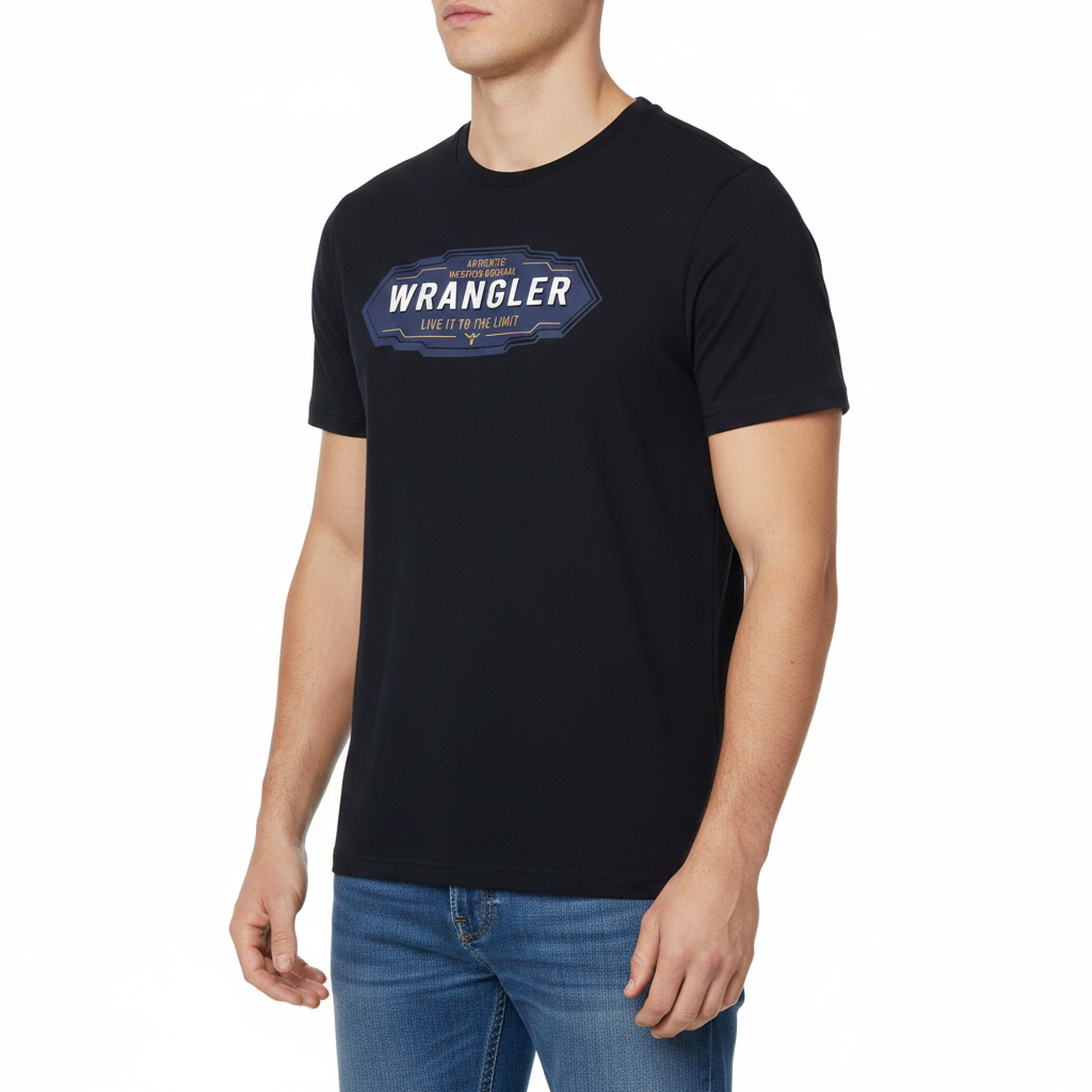 Black t-shirt with Wrangler logo on a white background