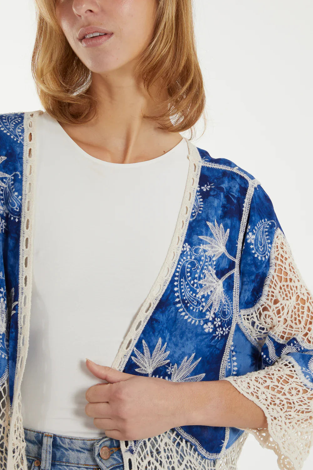 Blue Lace Crochet Kimono – Lightweight Cotton Cover Up