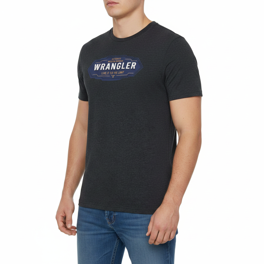 Person wearing a black Wrangler t-shirt on a white background