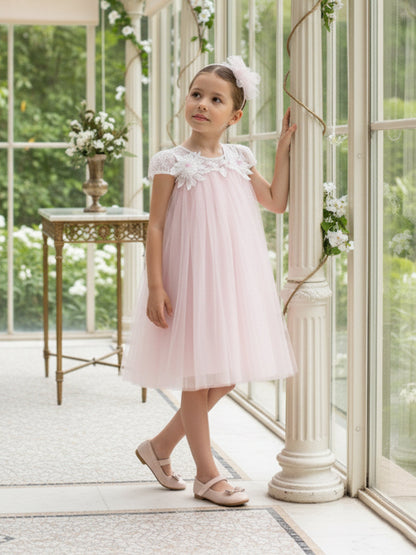 DRESS & Fleur Girls Pink Lace Yoke Tulle Occasion Dress Ages 3–7 Yrs