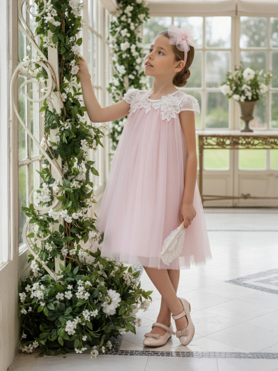 DRESS & Fleur Girls Pink Lace Yoke Tulle Occasion Dress Ages 3–7 Yrs