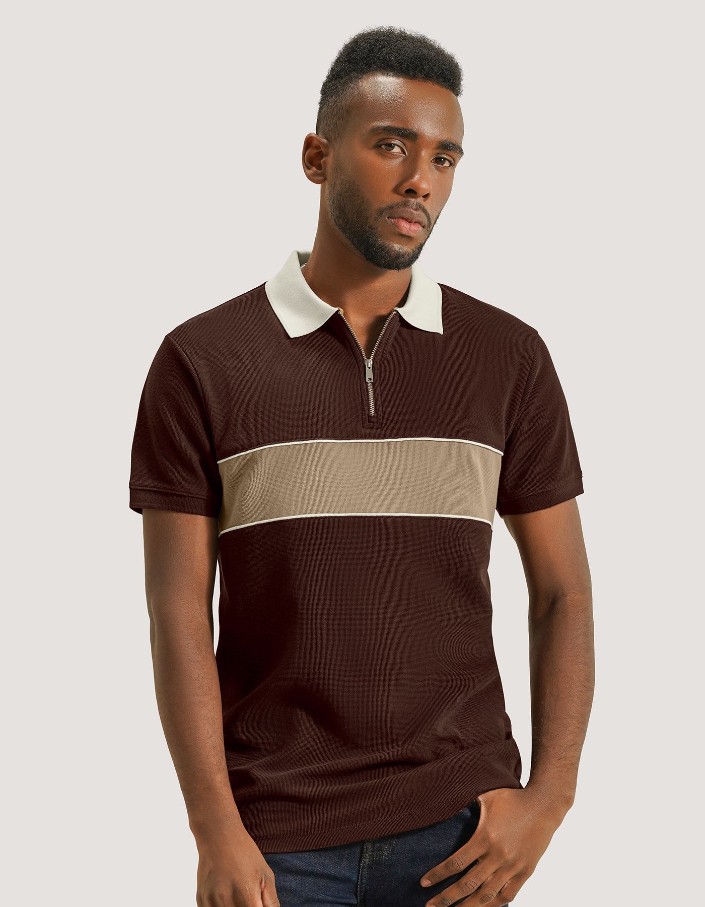 Brown Textured Half Zip Polo Shirt