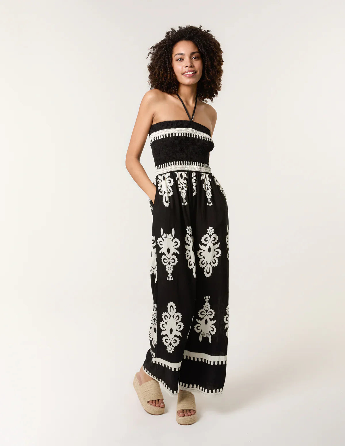 Shirred Bodice Halterneck Printed Jumpsuit Black – Sizes S/M & M/L