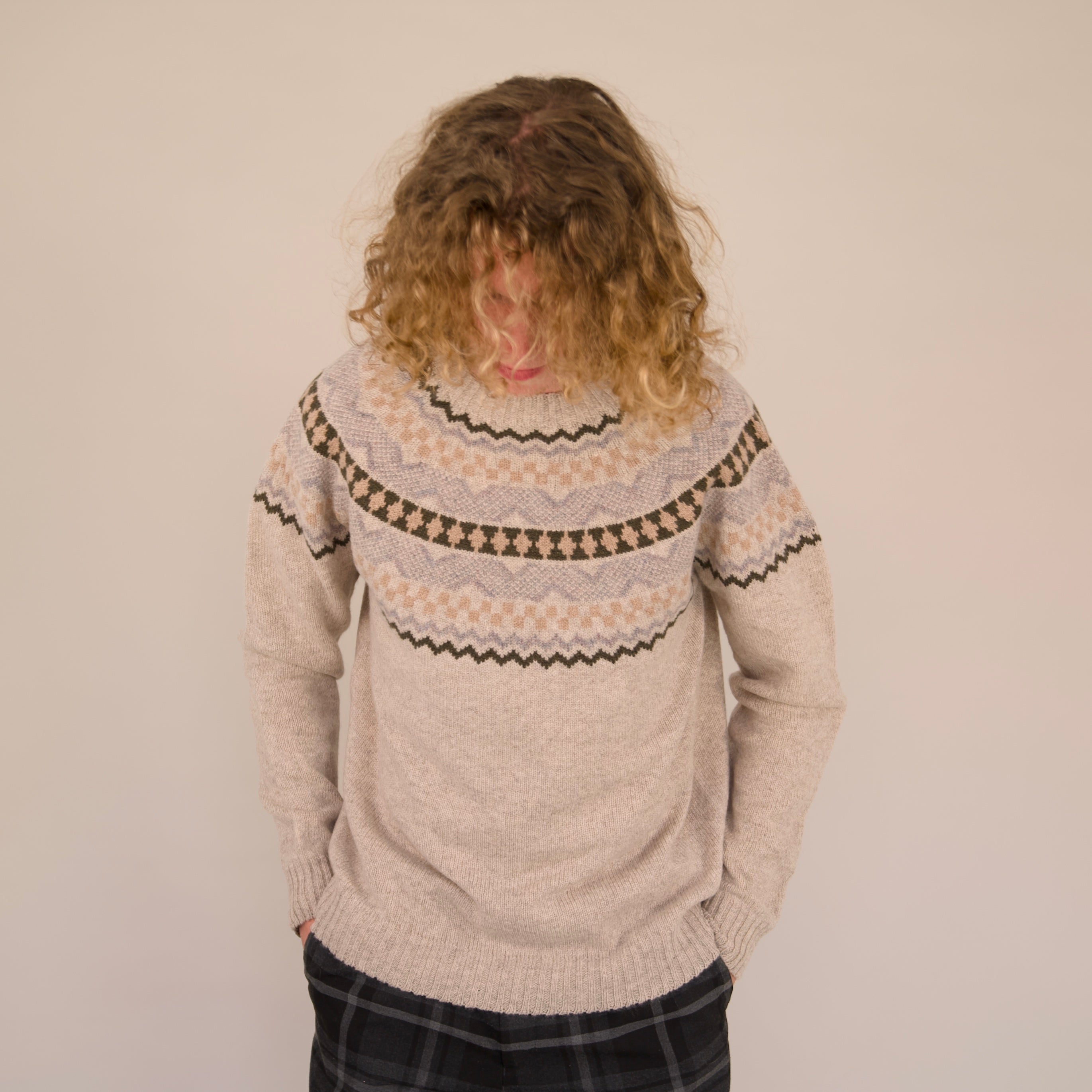 Soho Jumper – 100% Geelong Lambswool Fair Isle | Seamless Yoke Knit | Made in the UK - Biscuit