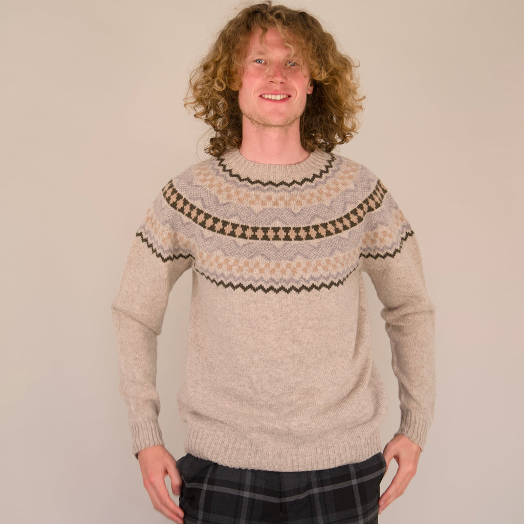 Soho Jumper – 100% Geelong Lambswool Fair Isle | Seamless Yoke Knit | Made in the UK - Biscuit
