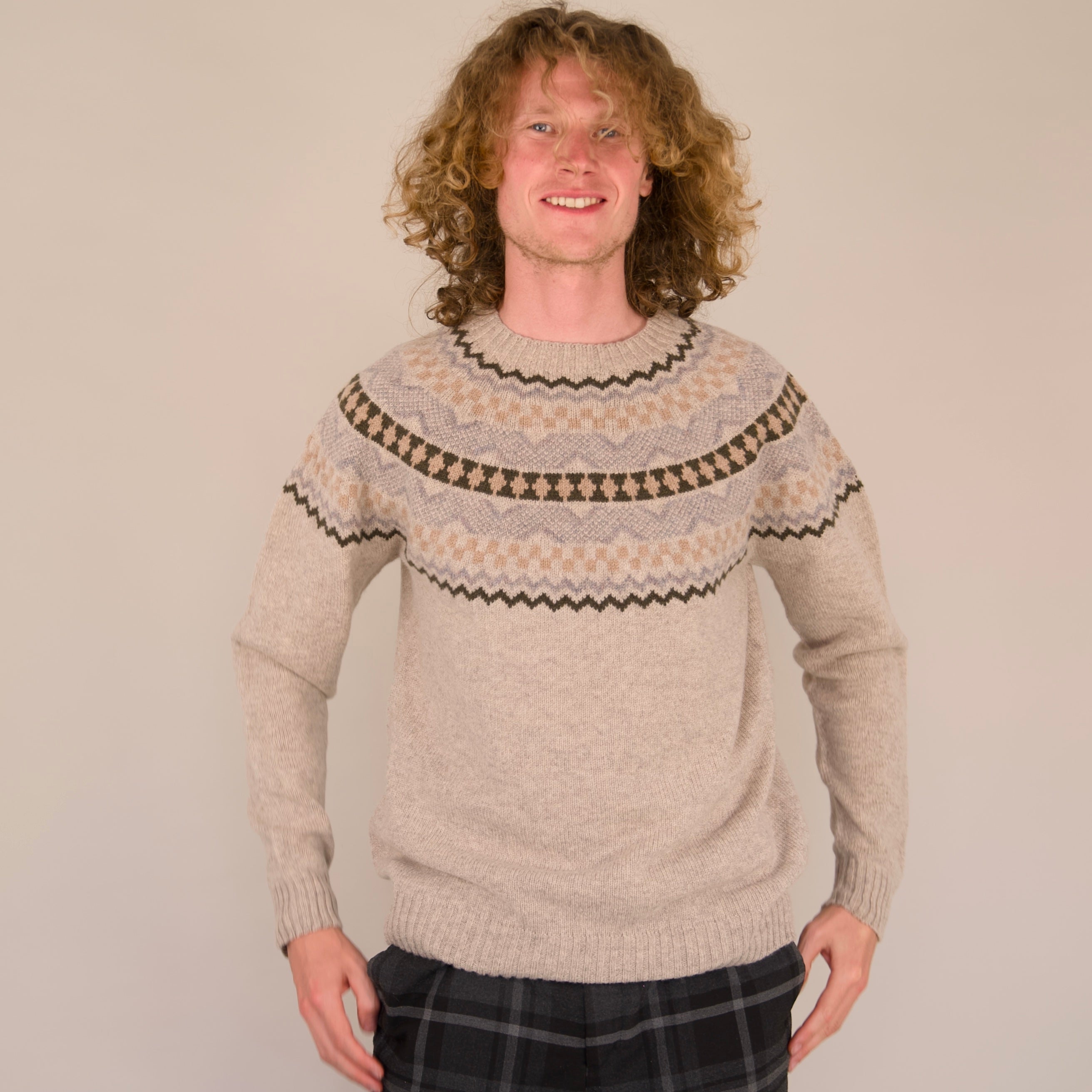 Soho Jumper – 100% Geelong Lambswool Fair Isle | Seamless Yoke Knit | Made in the UK - Biscuit