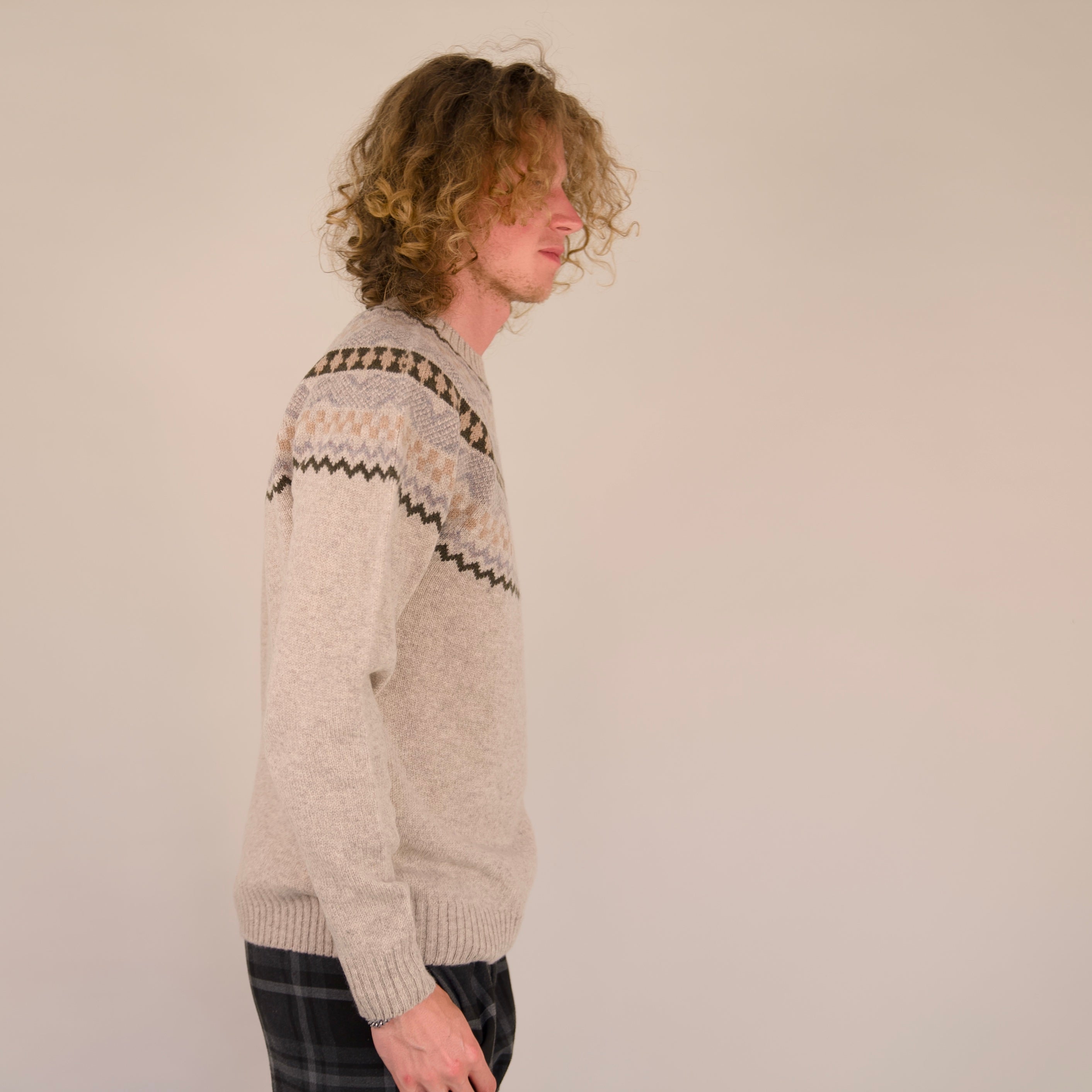 Soho Jumper – 100% Geelong Lambswool Fair Isle | Seamless Yoke Knit | Made in the UK - Biscuit