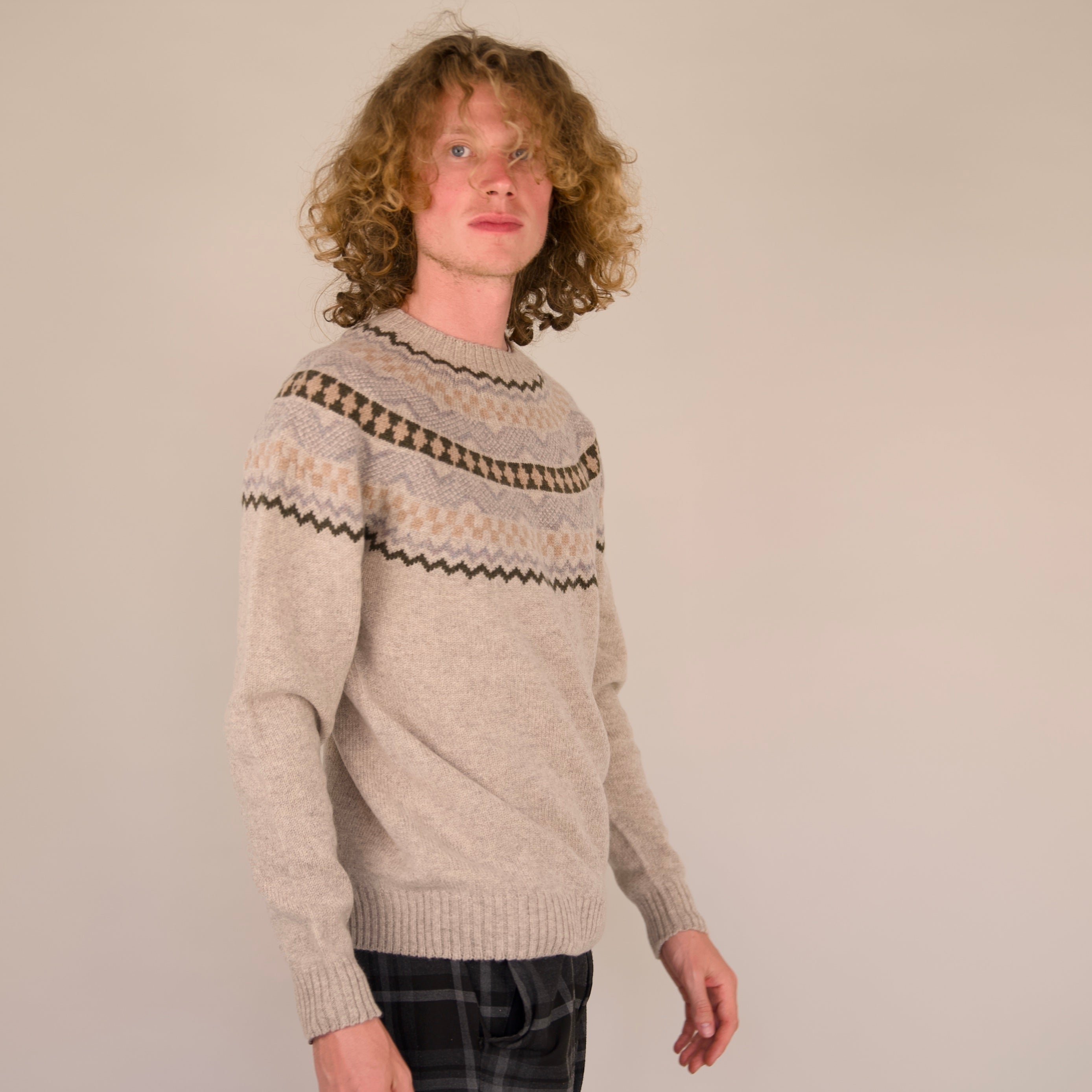 Soho Jumper – 100% Geelong Lambswool Fair Isle | Seamless Yoke Knit | Made in the UK - Biscuit