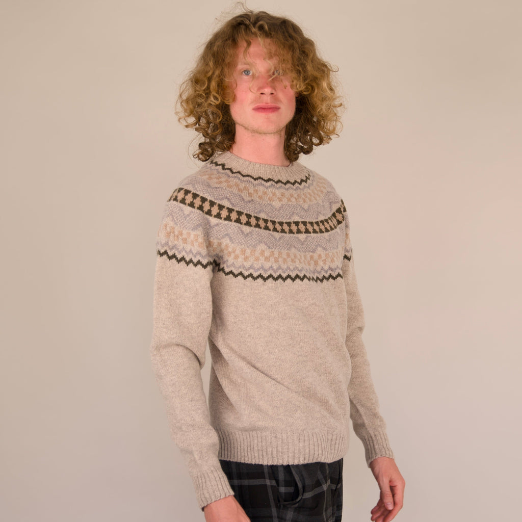 Soho Jumper – 100% Geelong Lambswool Fair Isle | Seamless Yoke Knit | Made in the UK - Biscuit