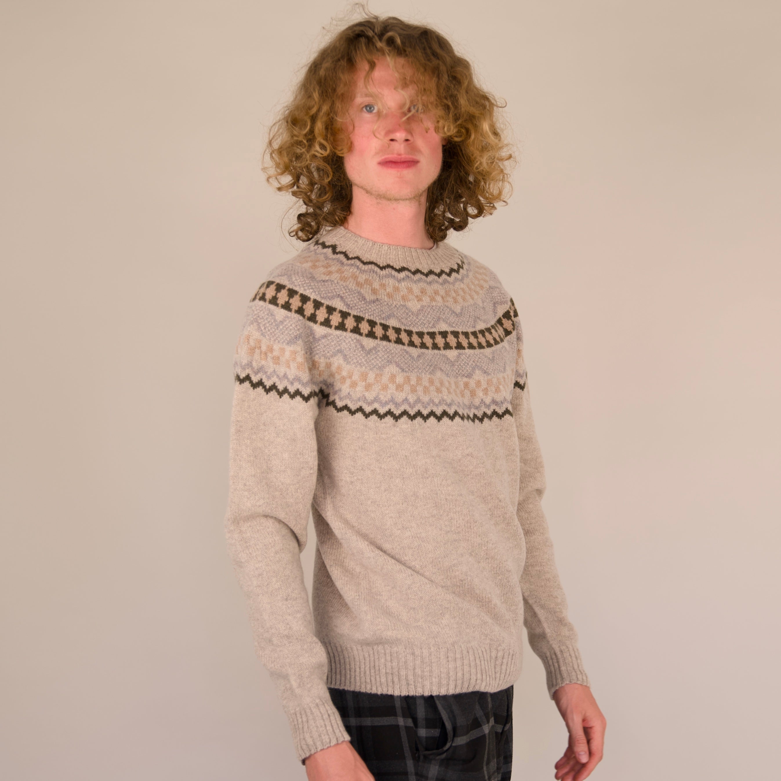 Soho Jumper – 100% Geelong Lambswool Fair Isle | Seamless Yoke Knit | Made in the UK - Biscuit
