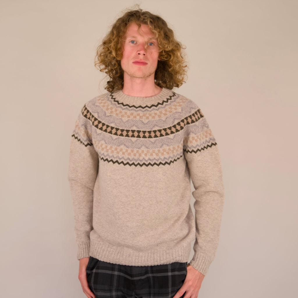 Soho Jumper – 100% Geelong Lambswool Fair Isle | Seamless Yoke Knit | Made in the UK - Biscuit