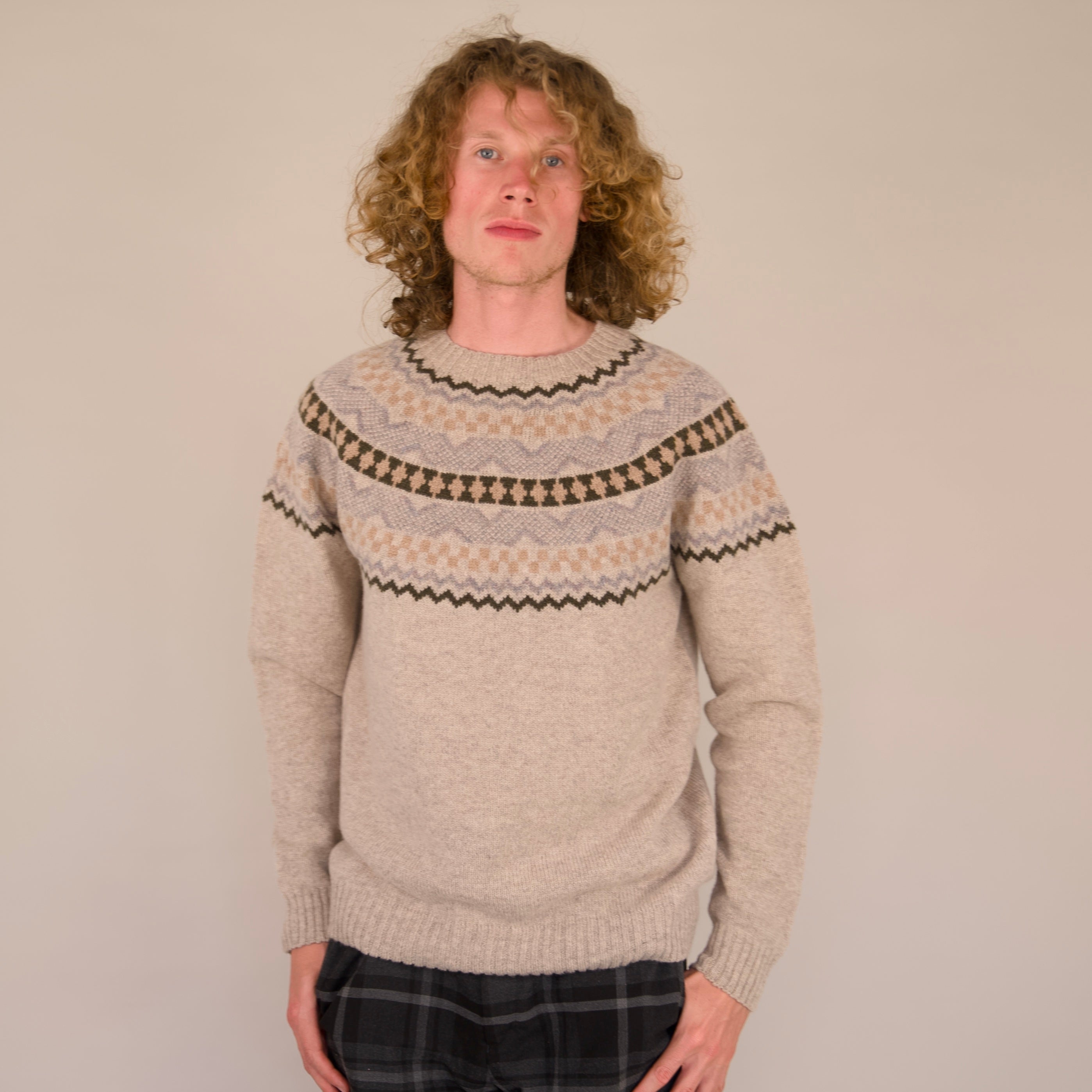 Soho Jumper – 100% Geelong Lambswool Fair Isle | Seamless Yoke Knit | Made in the UK - Biscuit