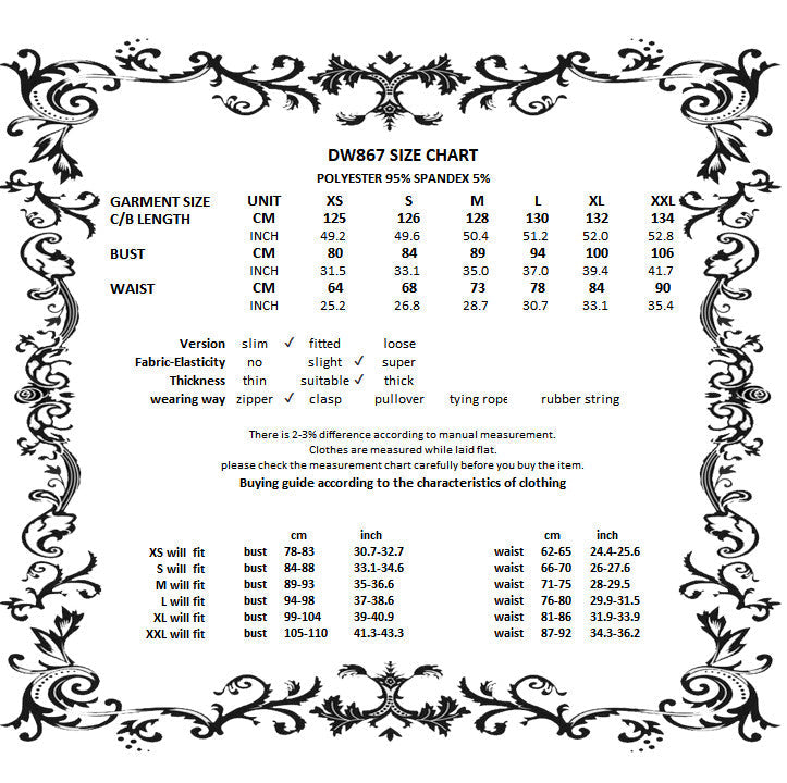 A black and white size chart graphic for DWB67, featuring a detailed measurement table for garments up to size XXL. The chart includes columns for garment size, CPI length, bust, and waist in both centimeters and inches, along with fit descriptions and sizing notes.