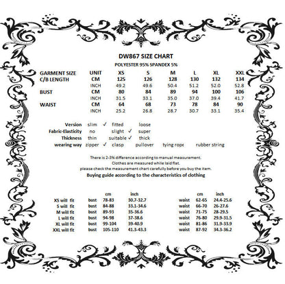 A black and white size chart graphic for DWB67, featuring a detailed measurement table for garments up to size XXL. The chart includes columns for garment size, CPI length, bust, and waist in both centimeters and inches, along with fit descriptions and sizing notes.