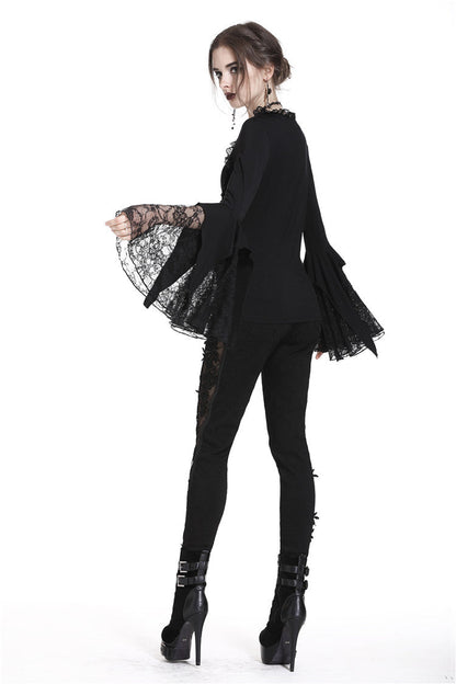 Dark In Love Jemima Black Gothic Top - Lace Bell Sleeves Sweetheart Neckline