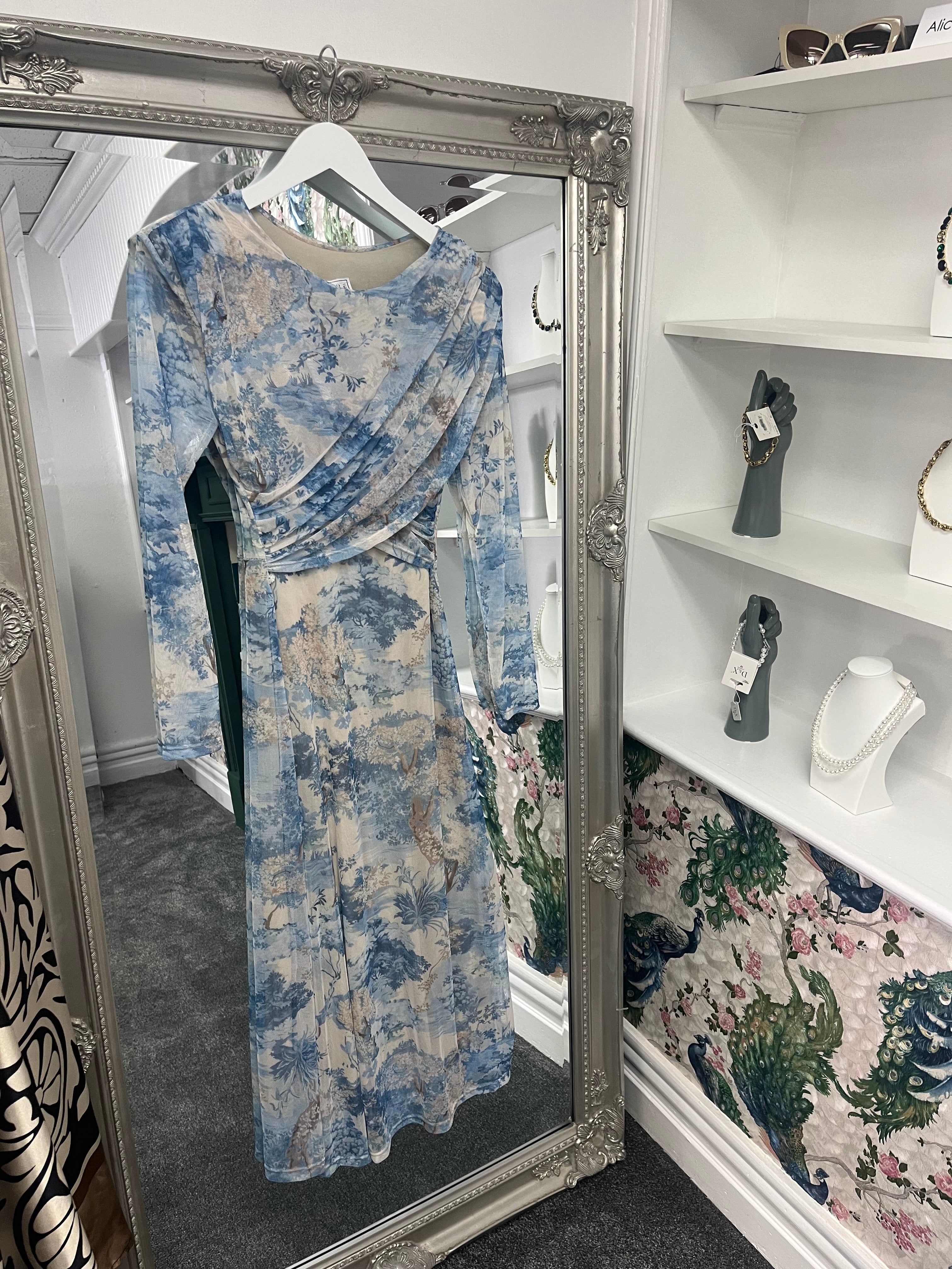 Longsleeve Cross Over Dress Blue – One Size Fits 8–14