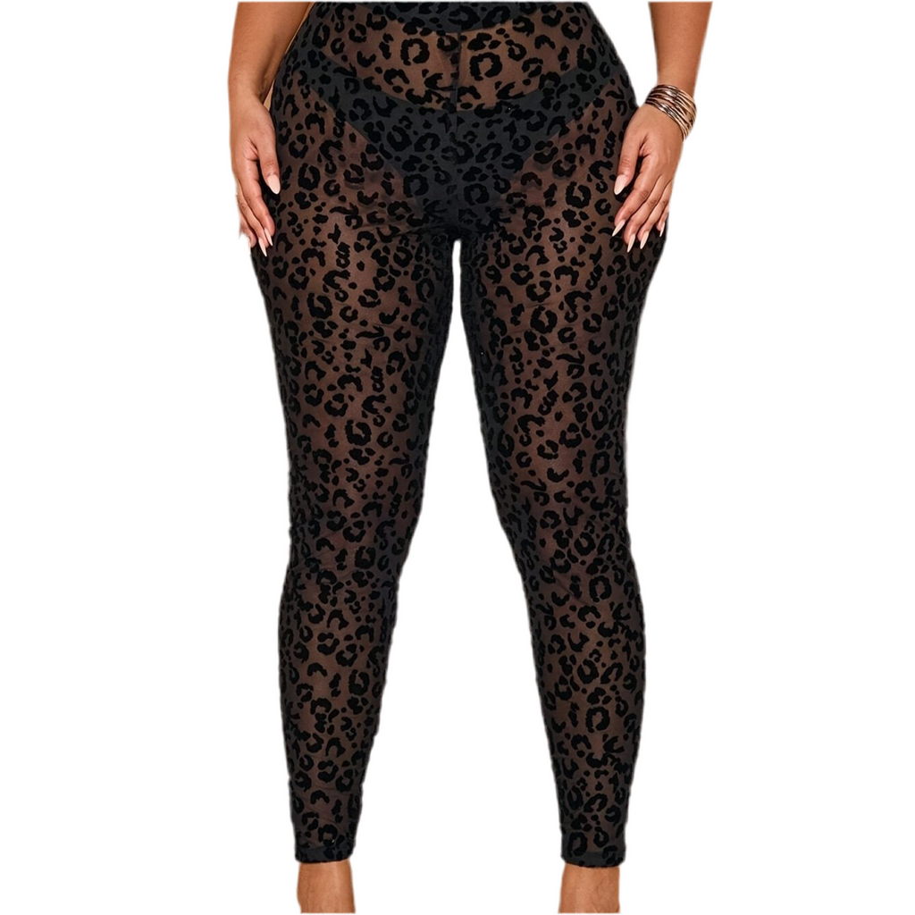 Plus Size Women's Black Leopard Print Sheer High-Waisted Leggings