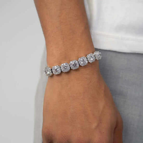 Mens 10mm Clustered Tennis Bracelet - White Gold