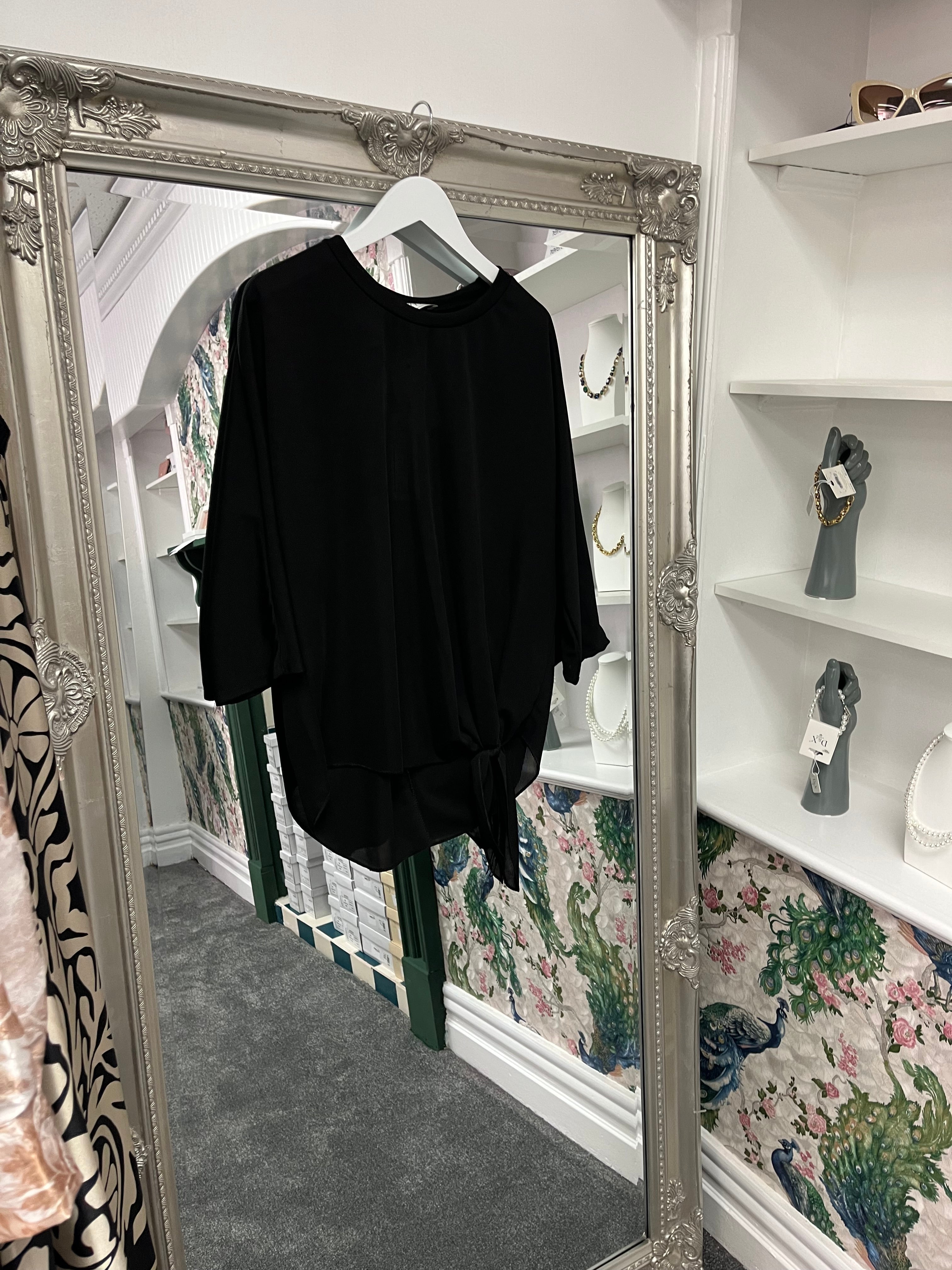 Black Front Tie Knot Waist Top – One Size Fits UK 8–16