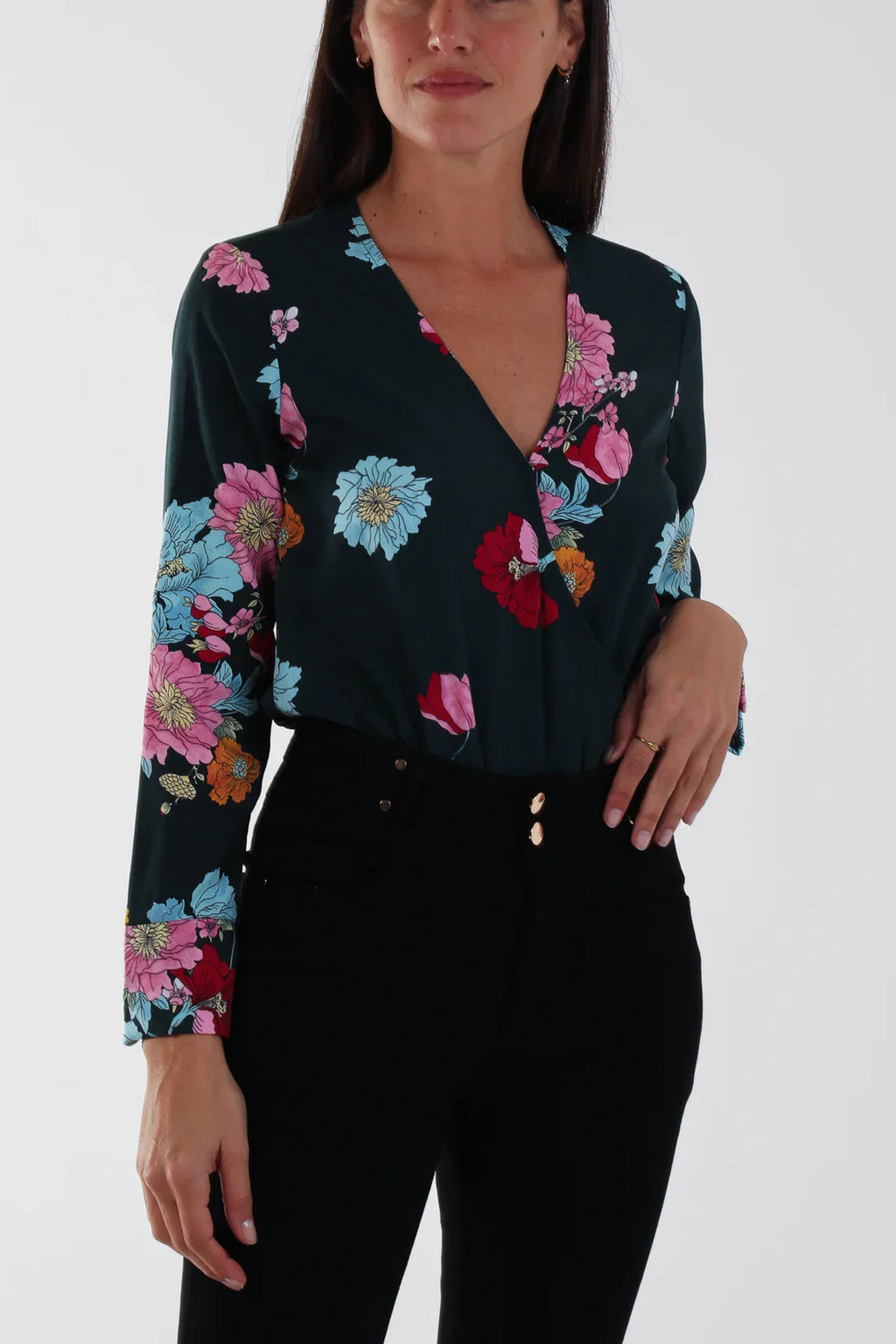 Wrap Front Floral Bodysuit | Long Sleeve V-Neck | Sizes 10–16