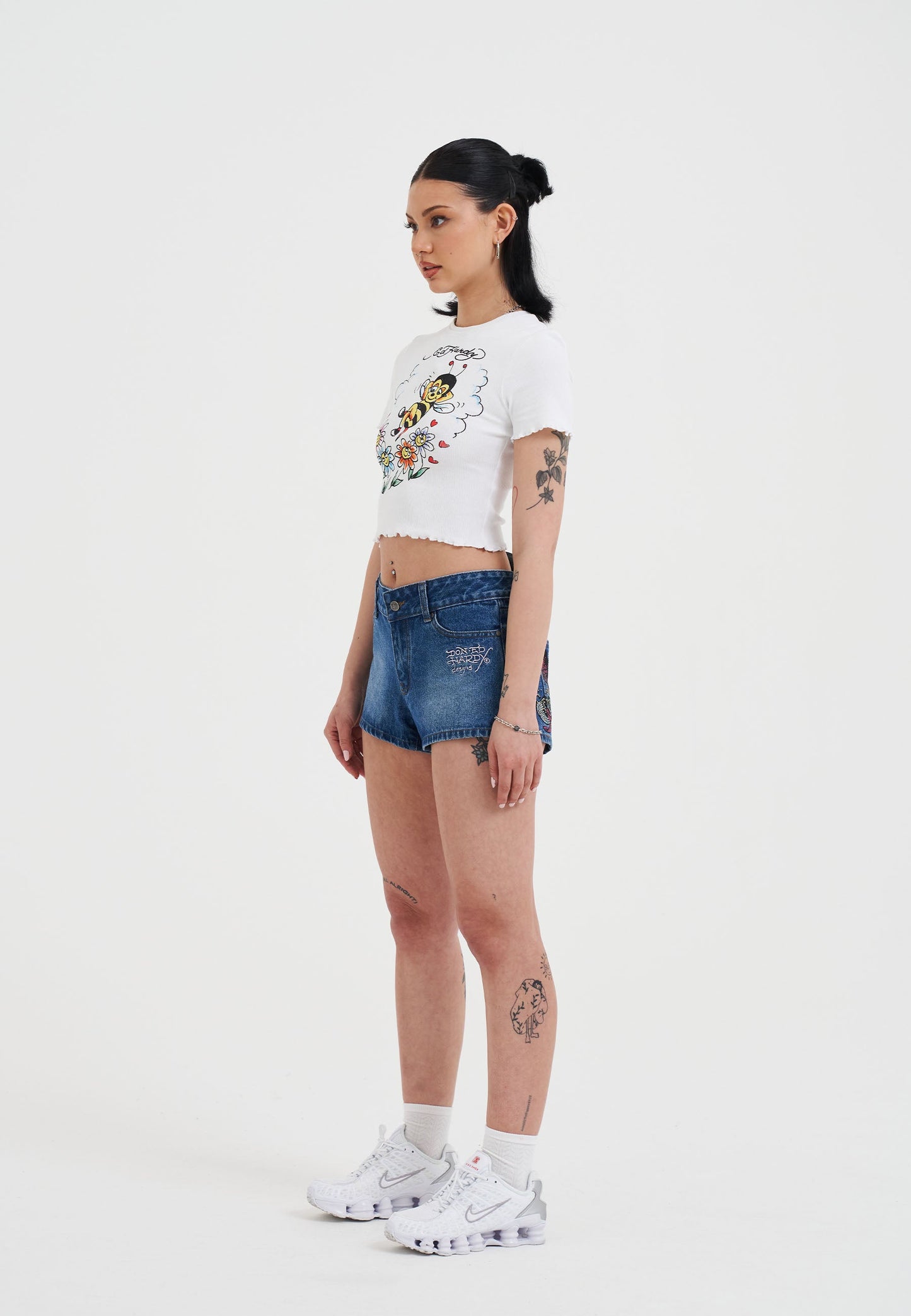 Womens Bee Lettuce Hem Baby T-Shirt Top - White
