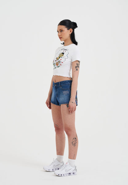 Womens Bee Lettuce Hem Baby T-Shirt Top - White