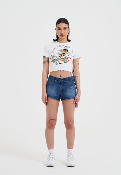 Womens Bee Lettuce Hem Baby T-Shirt Top - White
