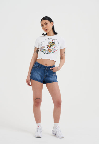 Womens Bee Lettuce Hem Baby T-Shirt Top - White