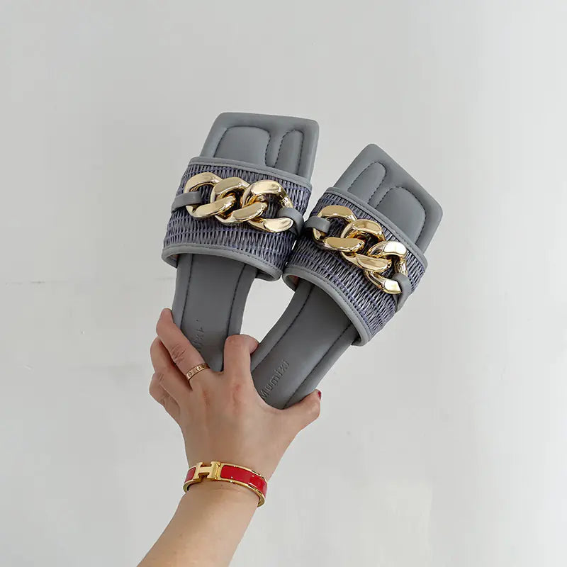 Flat Slippers with Black Metal Link Detail