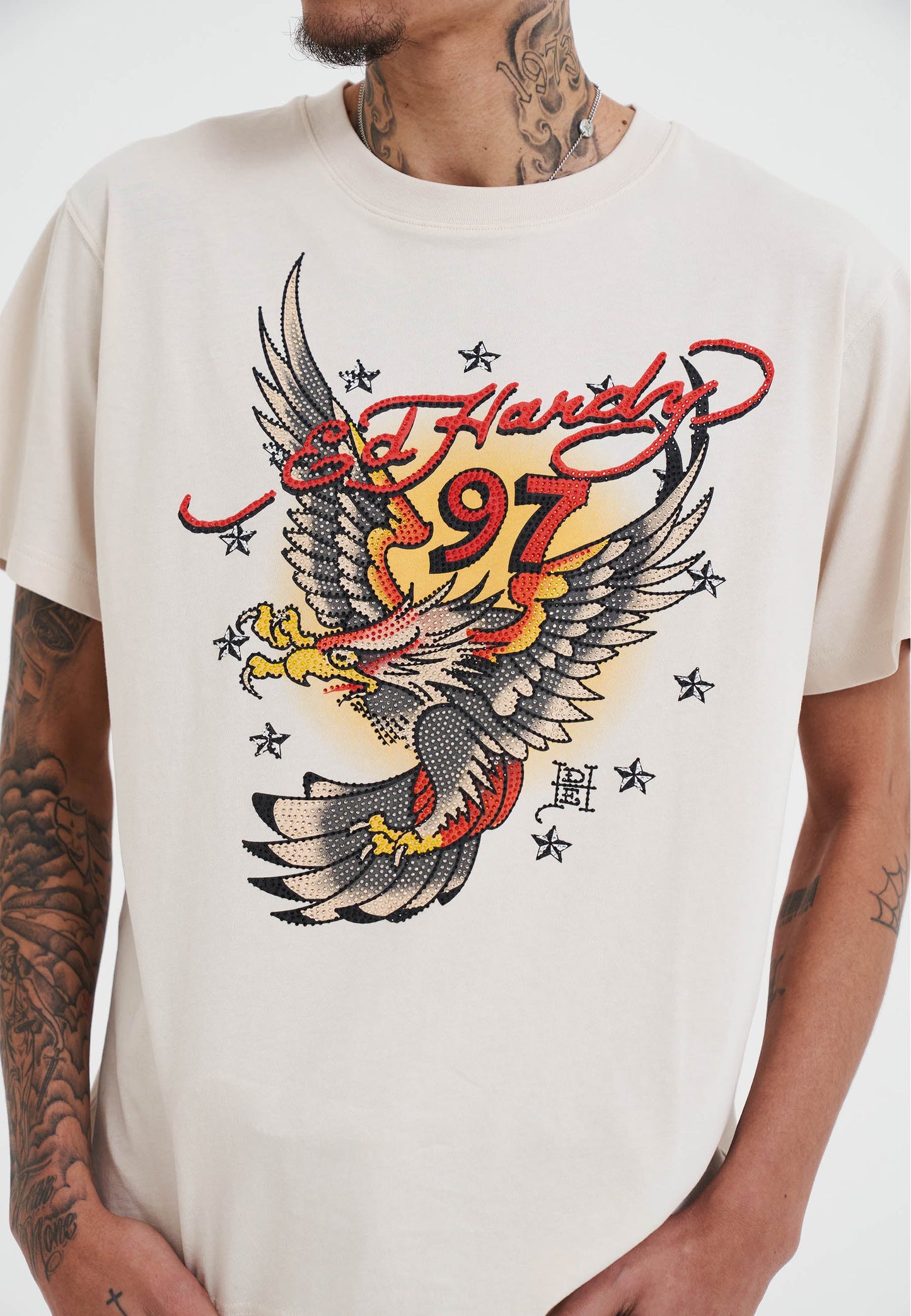 Mens 97 Eagle Diamante T-Shirt - Beige