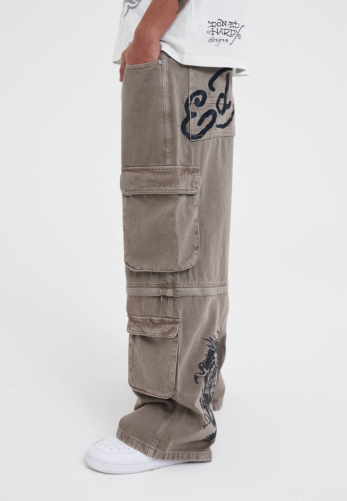 Mens Drag Denim Cargo With Removable Legs Denim Trousers Jeans - Beige
