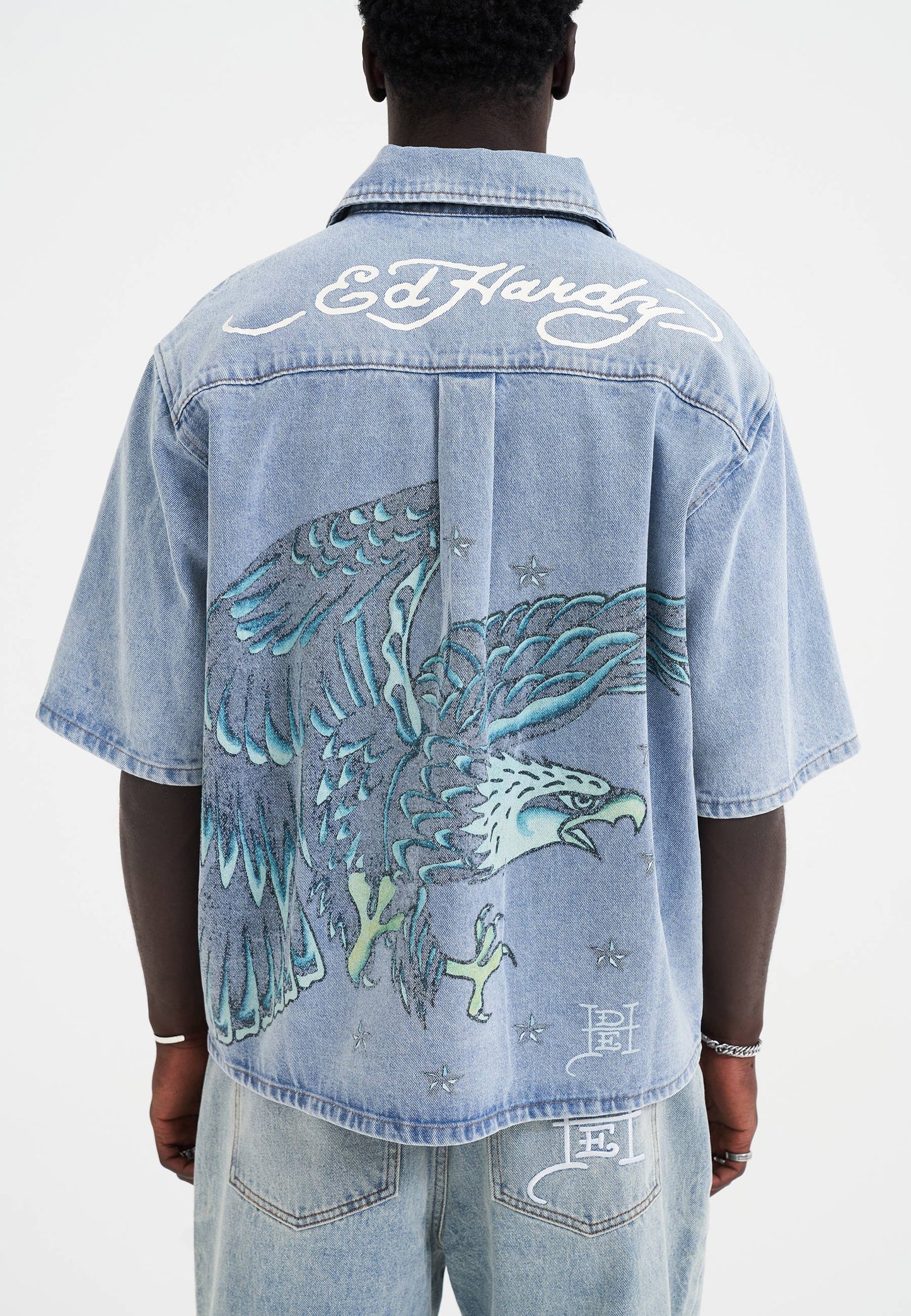 Mens Eagle And Stars Relaxed Denim Shirt - Bleach