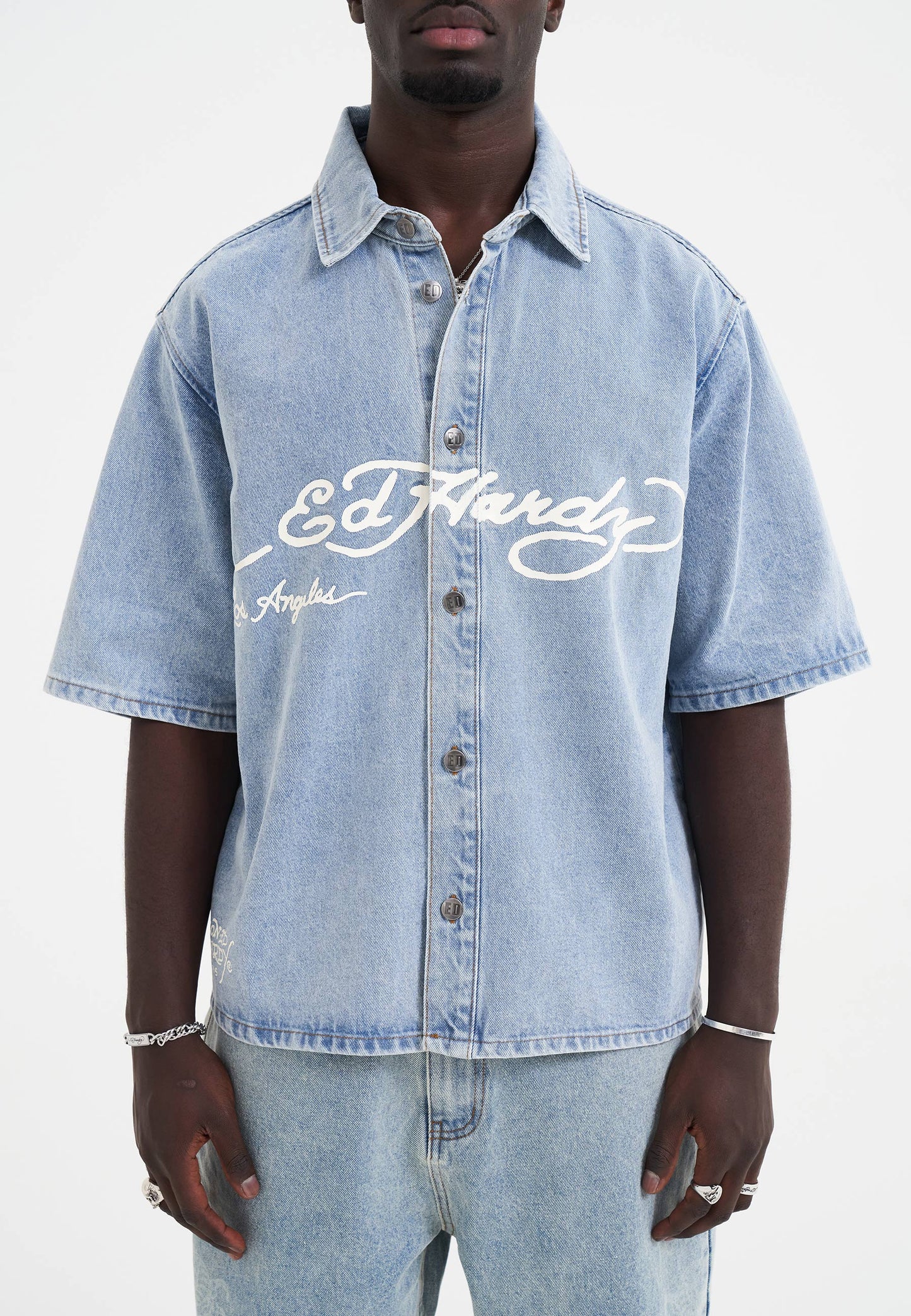 Mens Eagle And Stars Relaxed Denim Shirt - Bleach