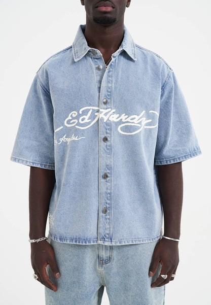 Mens Eagle And Stars Relaxed Denim Shirt - Bleach