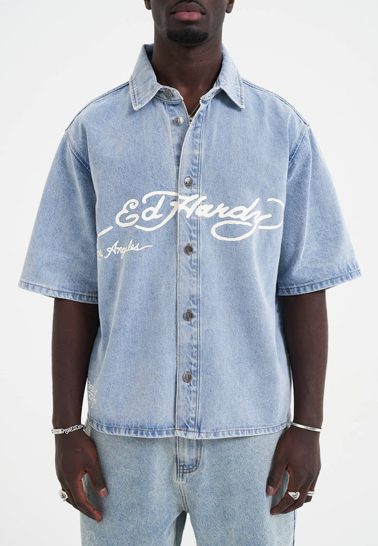 Mens Eagle And Stars Relaxed Denim Shirt - Bleach