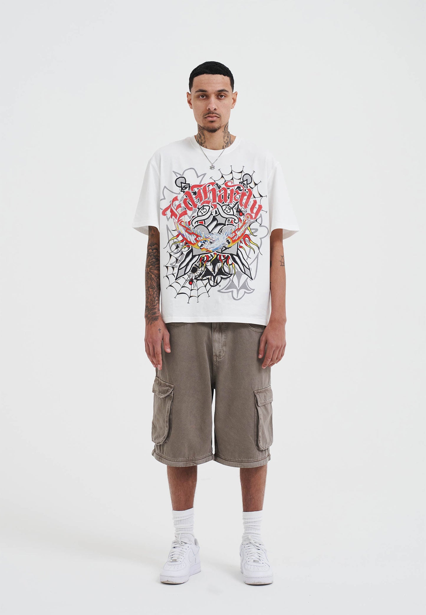 Mens Gothic Lightning Eagle Diamante T-Shirt - White