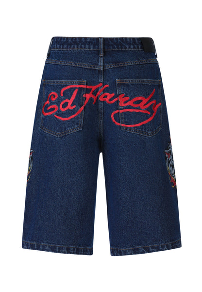 Mens Hell Cats Diamante Denim Jorts Shorts  - Indigo