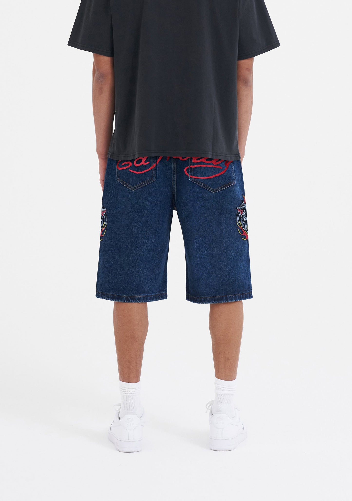 Mens Hell Cats Diamante Denim Jorts Shorts  - Indigo