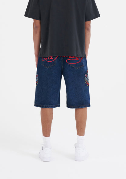 Mens Hell Cats Diamante Denim Jorts Shorts  - Indigo