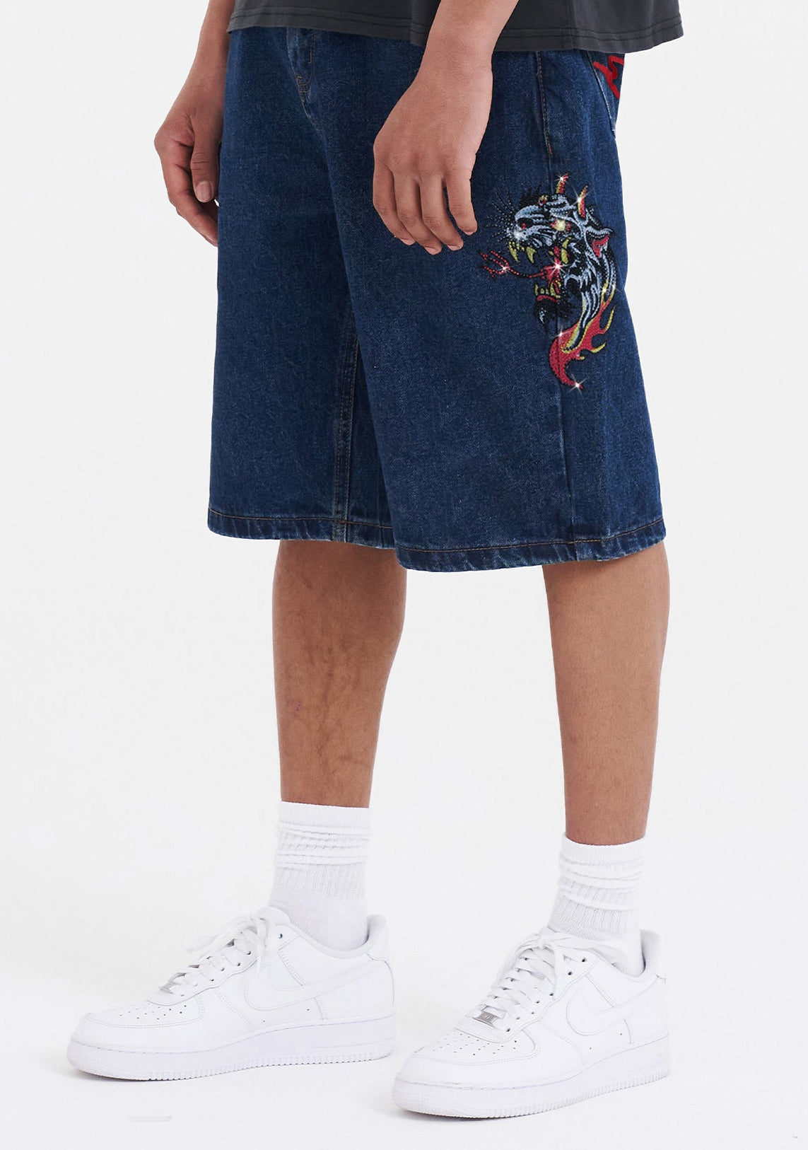 Mens Hell Cats Diamante Denim Jorts Shorts  - Indigo