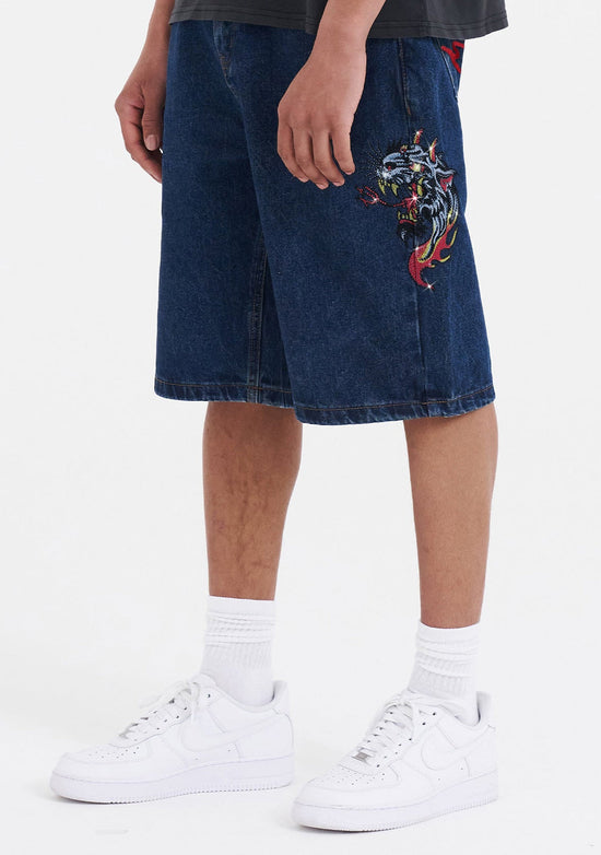 Mens Hell Cats Diamante Denim Jorts Shorts  - Indigo