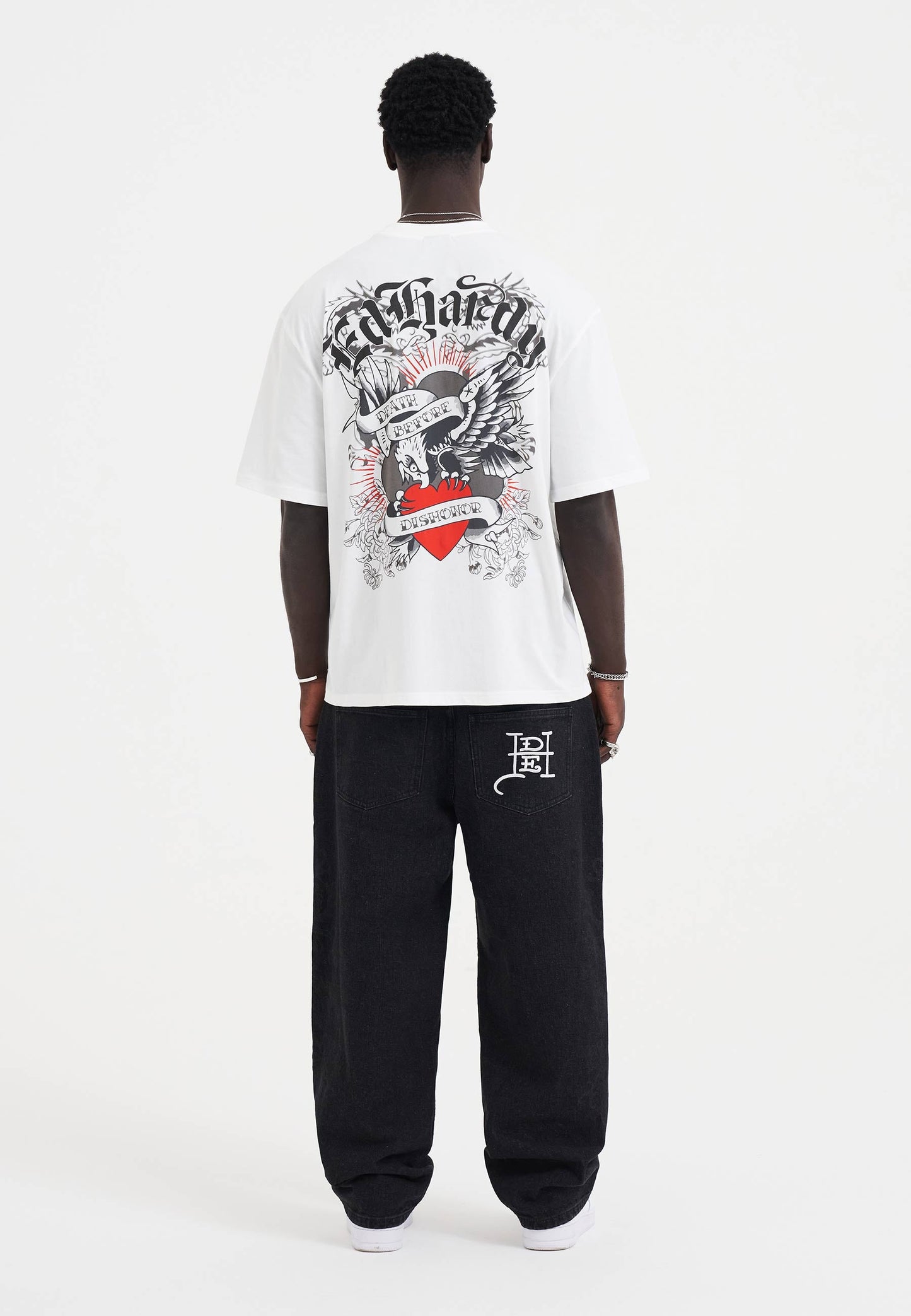 Mens Laser Etched Dragon Repeat Denim Trousers Jeans - Black