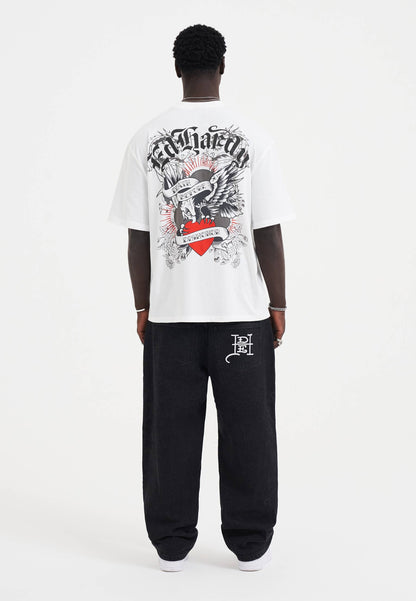 Mens Laser Etched Dragon Repeat Denim Trousers Jeans - Black
